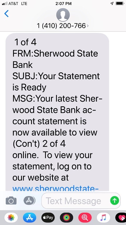 E-Statement sample from sherwood state bank indicating that your estatement is ready for viewing.