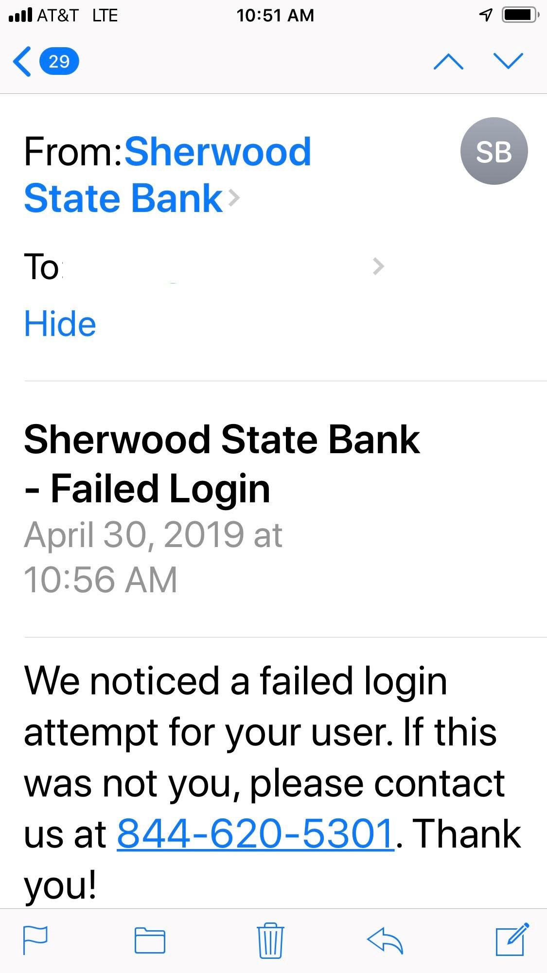 Sherwood State bank failed login notification