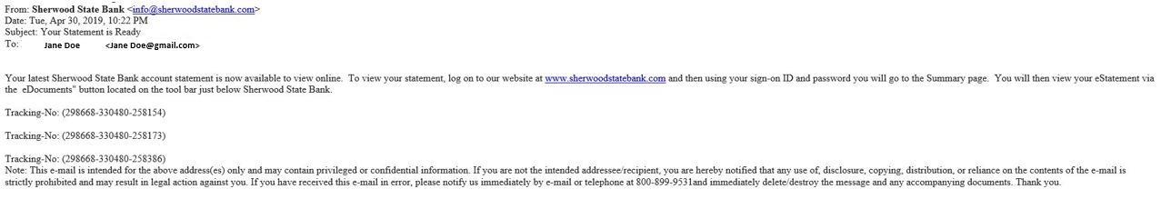 eStatement Email example from Sherwood state bank